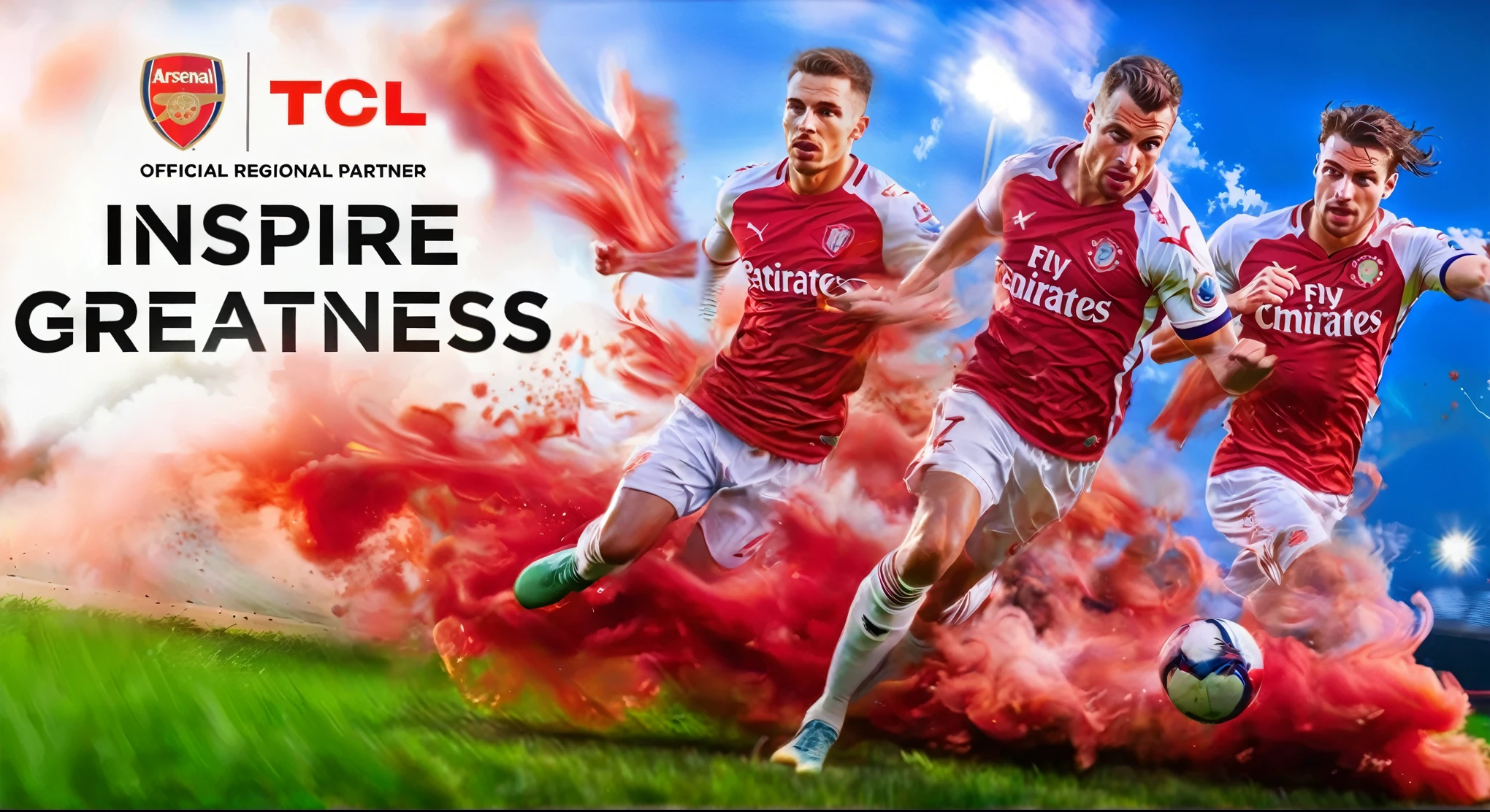 3 arsenal fc players, high shutter speed, motion blur, speed, sprint, red smoke, red sparks, (best quality,4k,8k,highres,masterpiece:1.2),ultra-detailed,(realistic,photorealistic,photo-realistic:1.37),sports photography,action shot,dynamic pose,dramatic lighting,intense energy,vivid colors,cinematic