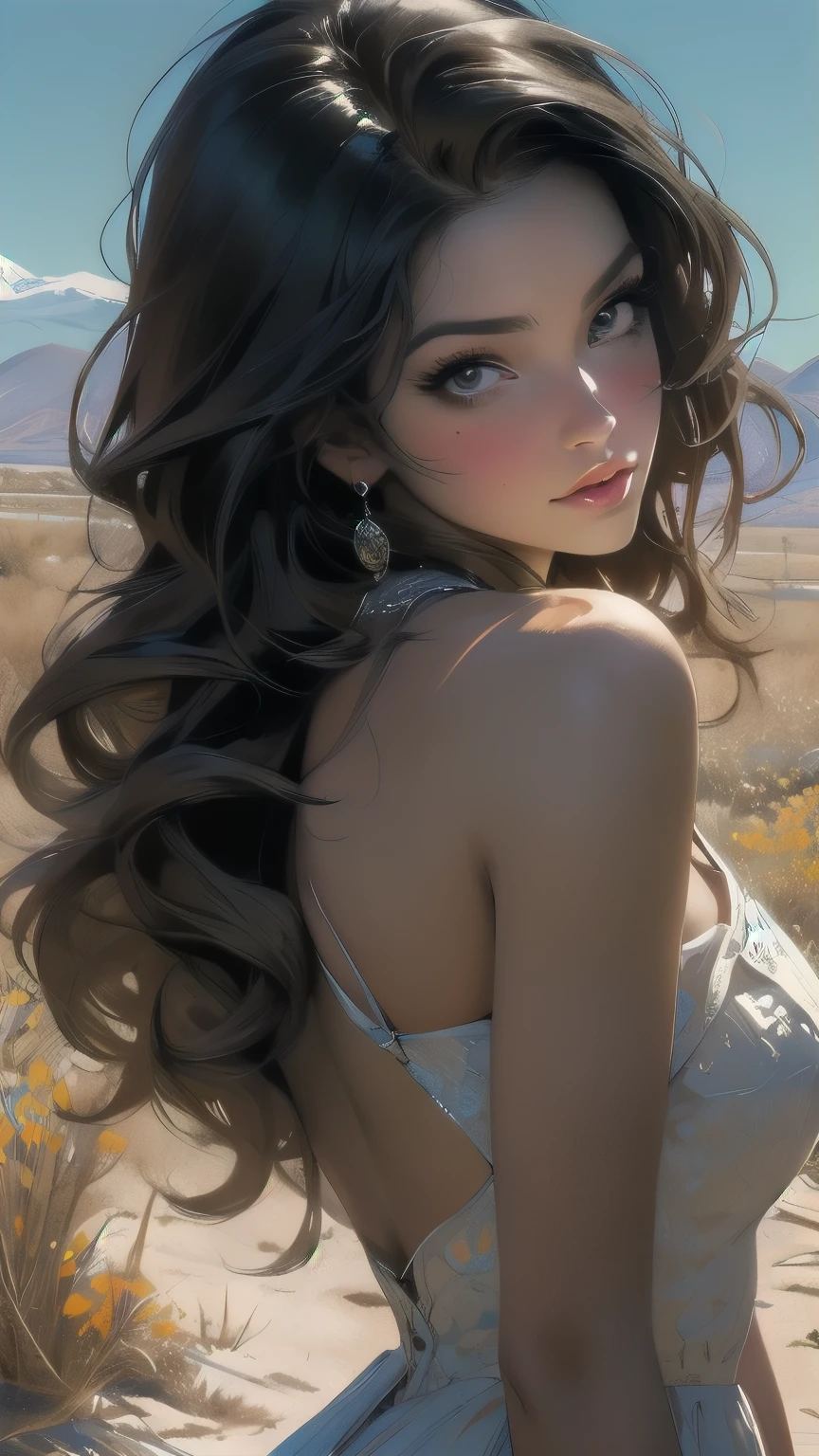 full body image,Masterpiece, best quality, Super display, Very realistic, Highly detailed face, Clean and delicate face, whole body((best quality, height:1.2), 1 girl, Beautifully detailed eyes, Beautifully detailed lips, Very detailed eyes and face, Long eyelashes, moderate:oil painting, bright colors, HDR, studio lighting, Very detailed drawings, Sharp focus, Physical rendering, Very detailed explanation, "Brutal, raw, evil, brutal, weapons, dynamic, sexy, sexy anime style, charming, charming, big breasts." Mountain background, desert, sexy anime style, with the style of a leading portrait painter, portrait.