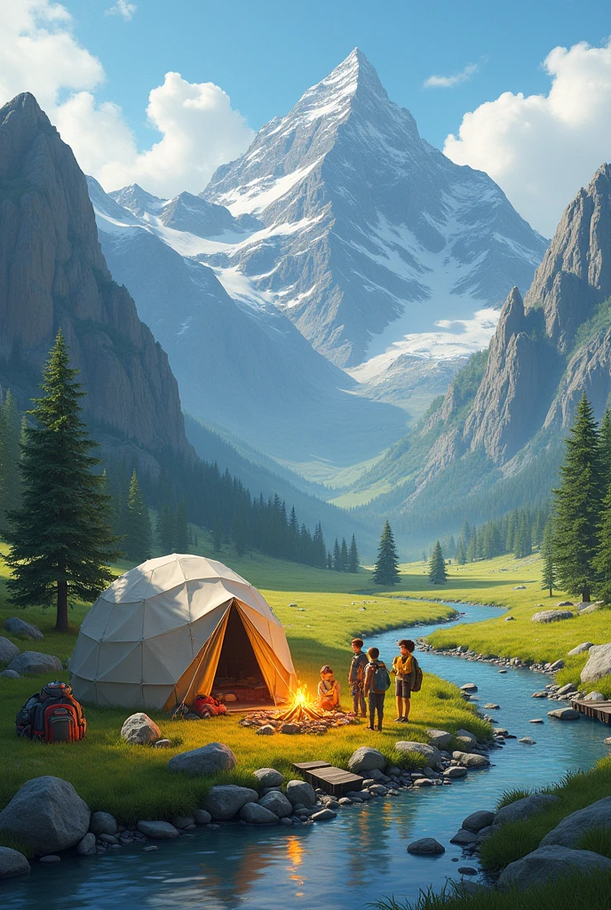 A camp with an igloo-type tent with backpacks around it and a campfire in the mountains in a large field where you can see a part of the river with stones and alder trees., willows and docks around, with young people with their yellow scarf from the conquistadors club