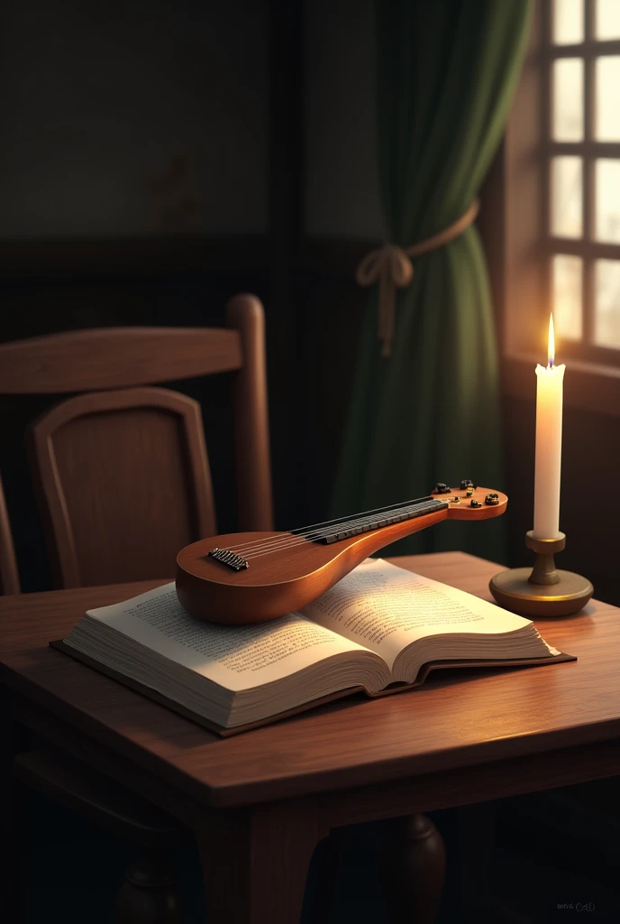 A book open on the table, candle and the seruto  sitting on a chair for studying, vintage fearness 