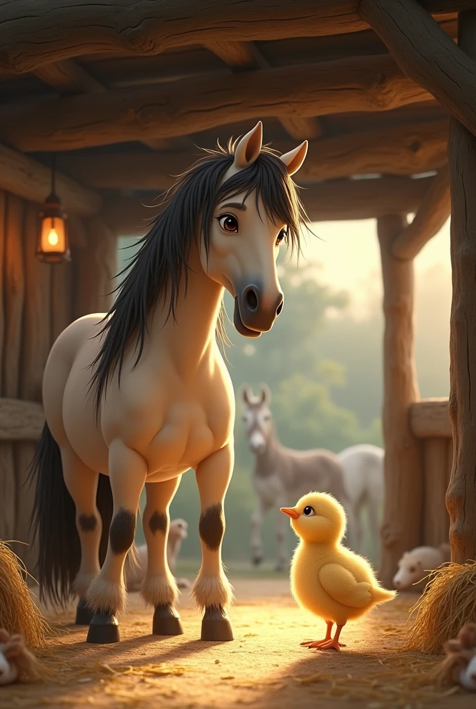The chick asked the horse if he knew how to read in the background of a manger