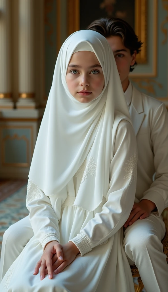 Realistic photo, a little teenage caucasian girl, wearing white hijab, white clothes, white skirt, white socks, sitting on a young princes lap inside a mansion 