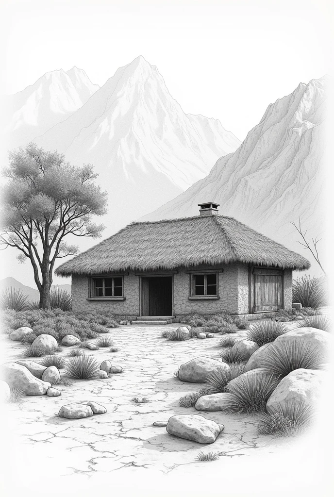Create a pencil-like sketch of a Huichol home in the Sierra de Durango