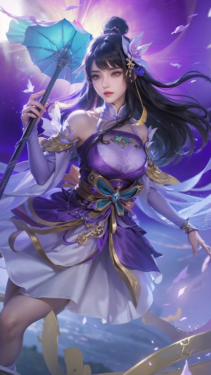 a close up of a woman with a purple and black costume, shadowbringers cinematic, 4 k detail fantasy, a beautiful fantasy empress, game cg, xianxia fantasy, xianxia hero, 2. 5 d cgi anime fantasy artwork, cinematic goddess close shot, ruan jia and artgerm, wow 4 k detail fantasy, hyperdetailed fantasy character