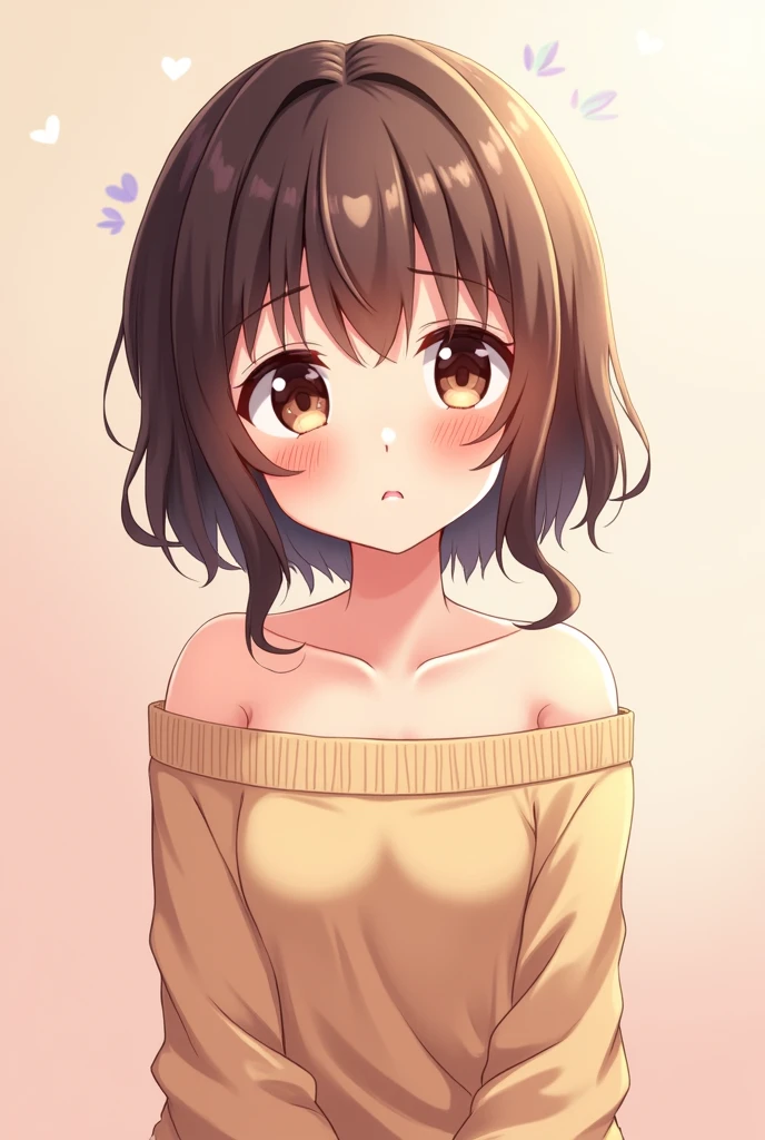 Cute blushing anime girl Wearing cropped of shoulder sweater