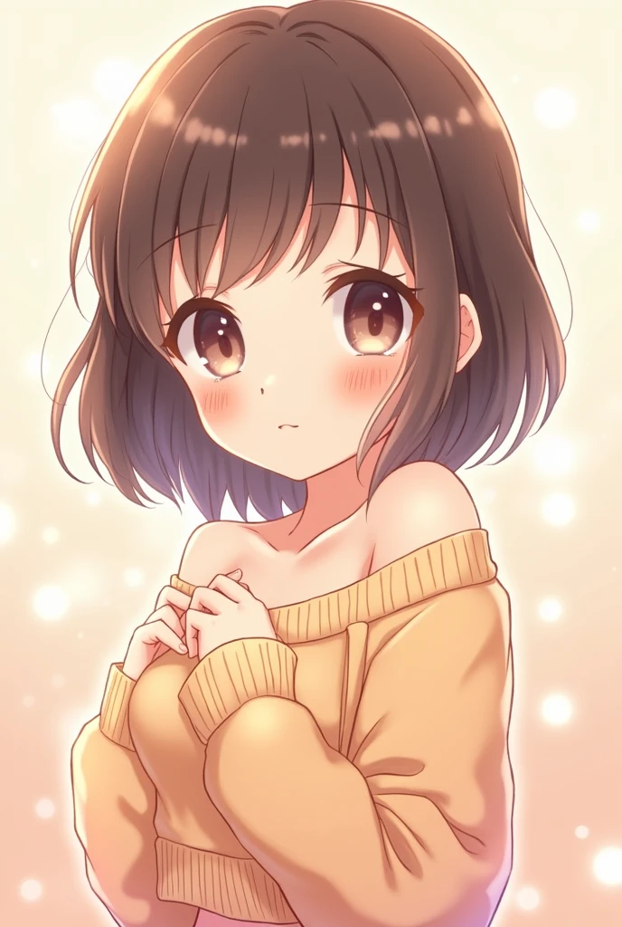Cute blushing anime girl Wearing cropped of shoulder sweater