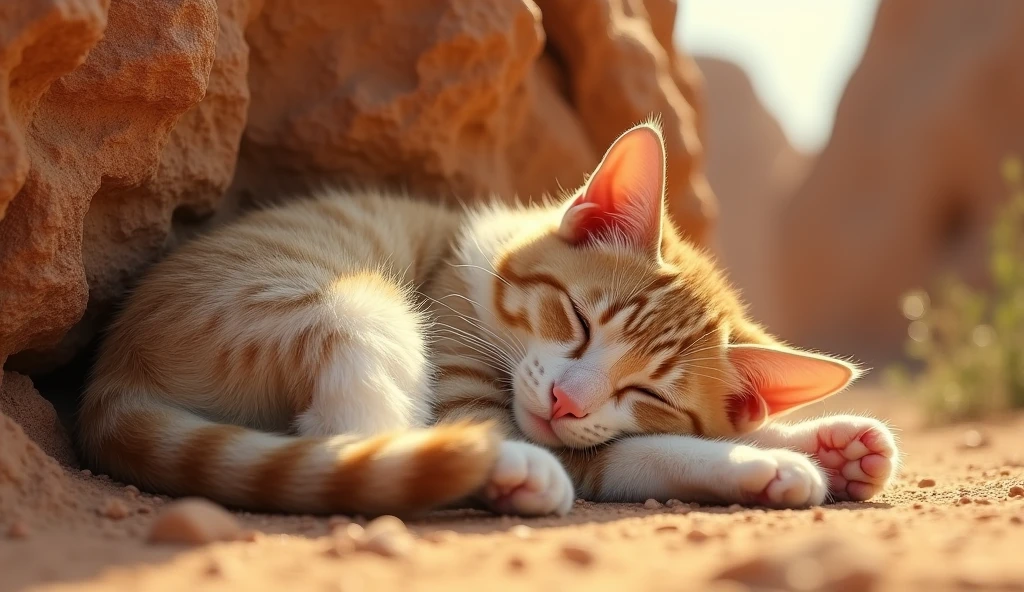 A medium shot of a cat taking a nap on a hot day. The cat is lying on its back with its paws spread out. The background is a rocky terrain. The lighting is bright.