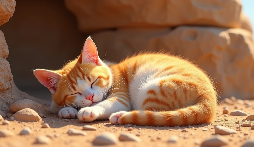 A medium shot of a cat taking a nap on a hot day. The cat is lying on its back with its paws spread out. The background is a rocky terrain. The lighting is bright.