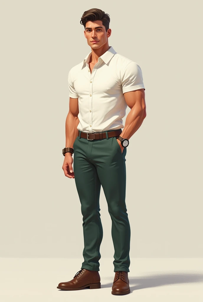 A 20 year old muscular male, wearing a white button down polo, dark green trousers, leather boots, and a watch with leather straps