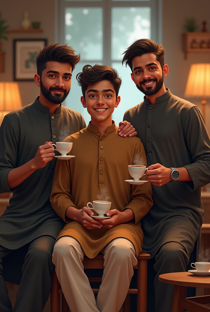 middle boy is sitting on a chair and two boys are standing and Have a hand on the shoulder of the person sitting.. Everyone should have a cup of tea in their hands. All should wear black shalwar kameez. Have smiling faces and  All look forward