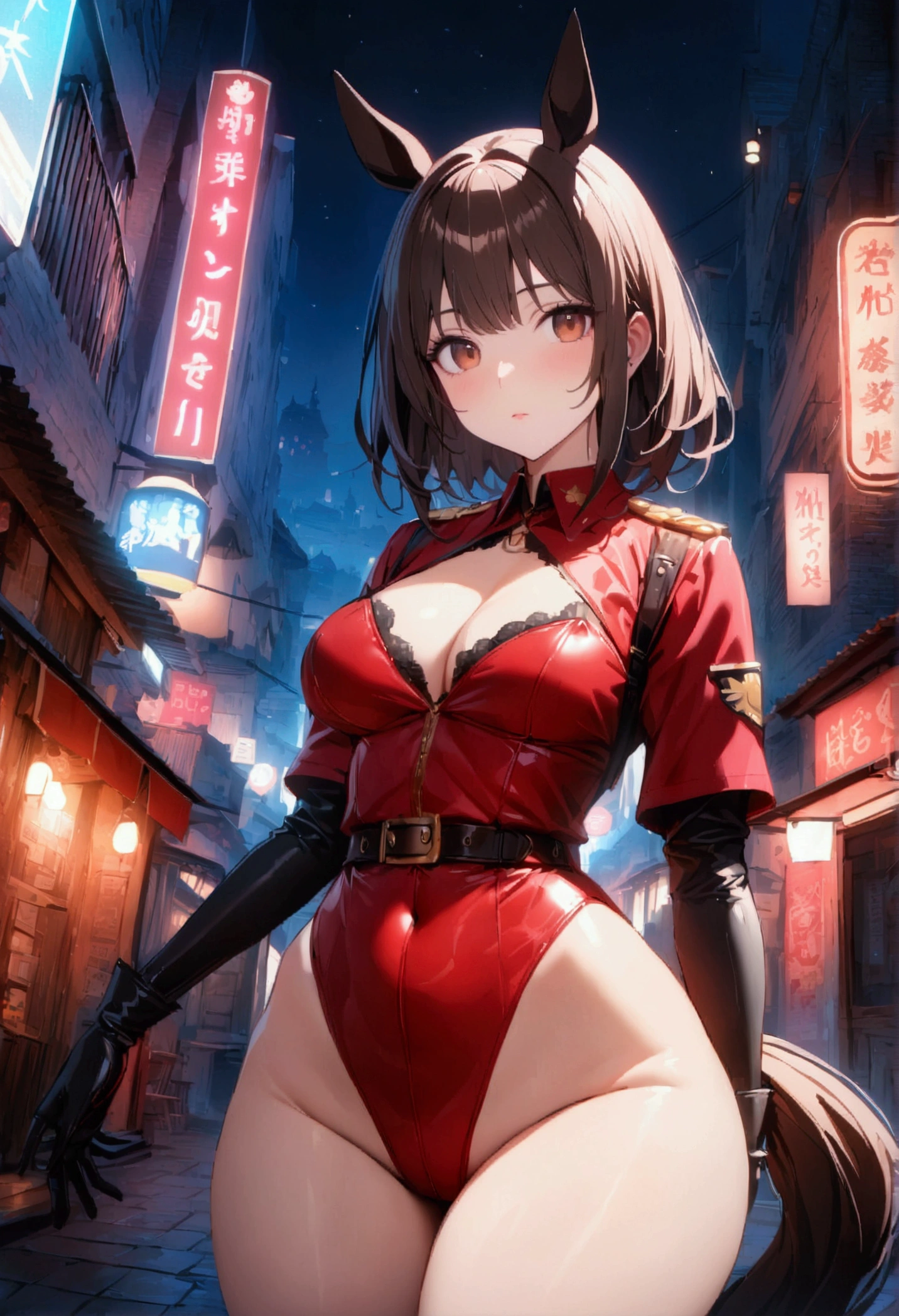 (Best Quality:1.2), 1 girl, (masterpiece:1.2), ray tracing, beautiful face, perfect face, ultra detailed,detailed face, 8K Wallpaper,(Wide hips:1.2), absurd resolution, yaoyorozumomo_NDV, 1 girl, Brown eyes, black fur, by the wide, Horse tail, high Horse tail, belt, (red leotard:1.2), deep neckline, gloves, ,red leopard, bare legs,exterior,Old City,evening,officer,Neon lights