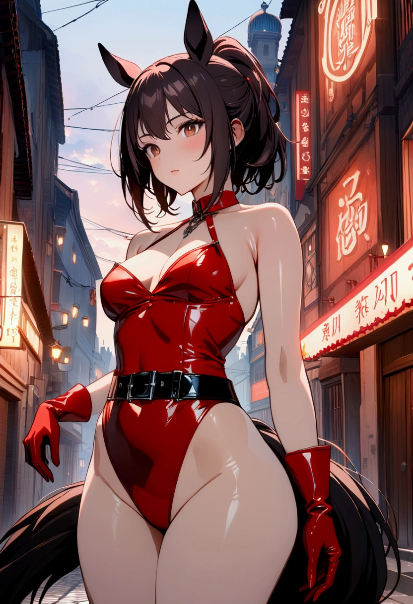 (Best Quality:1.2), 1 girl, (masterpiece:1.2), ray tracing, beautiful face, perfect face, ultra detailed,detailed face, 8K Wallpaper,(Wide hips:1.2), absurd resolution, yaoyorozumomo_NDV, 1 girl, Brown eyes, black fur, by the wide, Horse tail, high Horse tail, belt, (red leotard:1.2), deep neckline, gloves, ,red leopard, bare legs,exterior,Old City,evening,officer,Neon lights