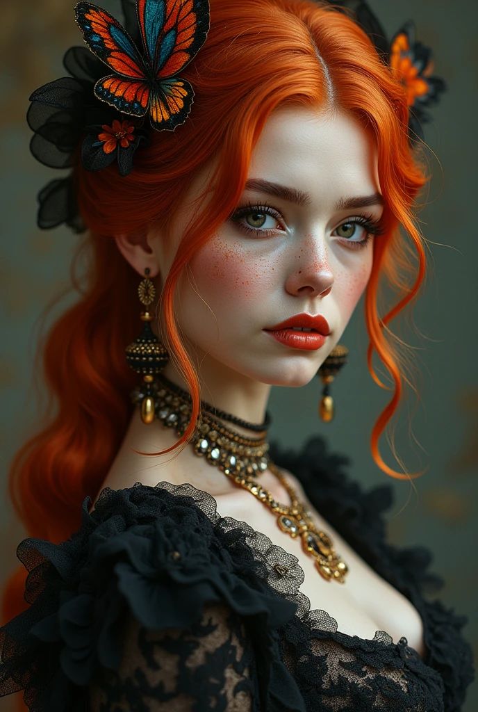 A very beautiful toreador vampire with extremely red hair and her eyes have heterochromia, she also has freckles, She has noble origins and is very fond of jewelry and always wears high heels., Her high heels are elegant and chic and she also likes flowers and butterflies