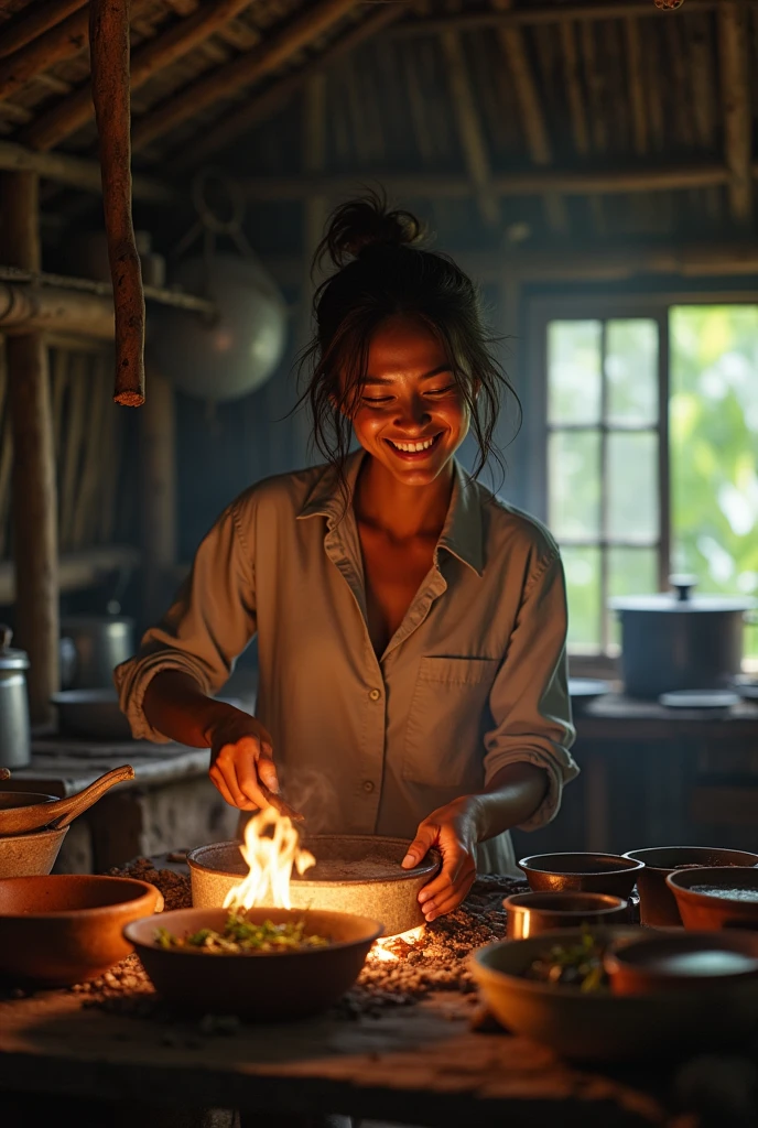 Photorealism 1.4 realistic realism high detailed definition  Malaysian orang asli native aboriginal  beautifulwoman  at kitchen cooking meals old wood rusty house  messy hair fire used campfire night mode low light fire flame on periuk bamboo hut leaf roof wearing shirt smile face sweat