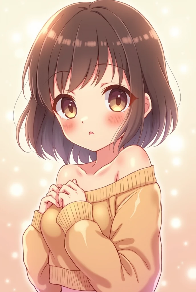 Cute blushing anime girl Wearing cropped of shoulder sweater