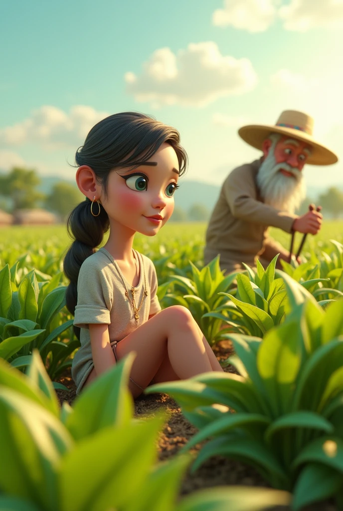 (photorealism:1.2), beautiful woman, sitting on generte incinematic 3d cartoon style in the*Farmer in a Field**: A farmer old man , wearing traditional attire, working diligently in a lush green field under the bright sun, with crops swaying gently in the breeze.