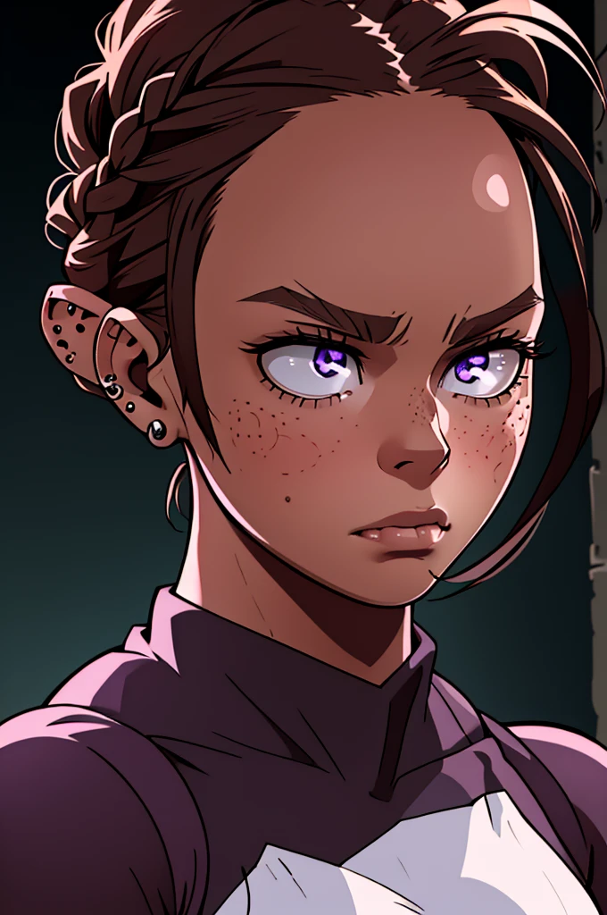 In a dimly lit scene, a girl with brown boxer braids tightly braided to her head is shown. Her face is slightly dirty, emphasizing the rough environment around her. Her intense violet eyes glow subtly in the shadows, giving her a powerful and serious expression. She has freckles across her cheeks, and her ears are adorned with multiple earrings and piercings. She wears a black compression shirt that accentuates her athletic build. The overall atmosphere is gritty and mysterious, with soft light highlighting the key features of her face and piercing eyes.