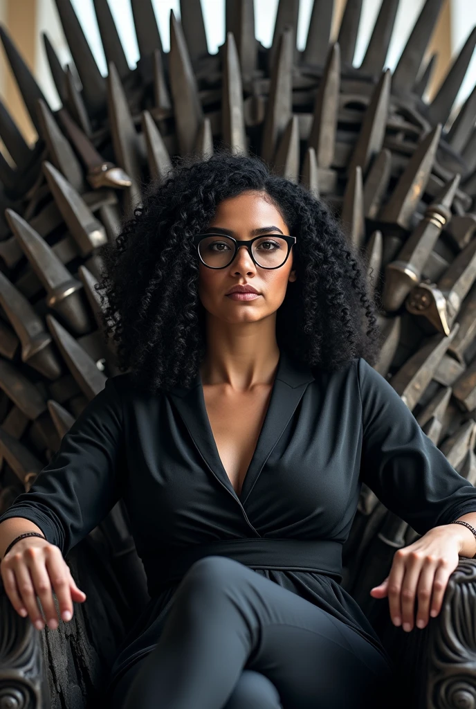 make an avatar of a white woman with curly black hair who wears glasses sitting on the throne from game of thrones