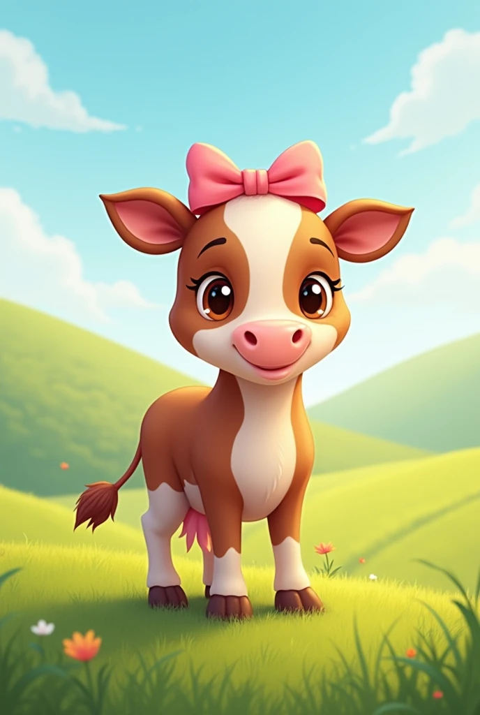 Cute brown cow with pink bow on her head