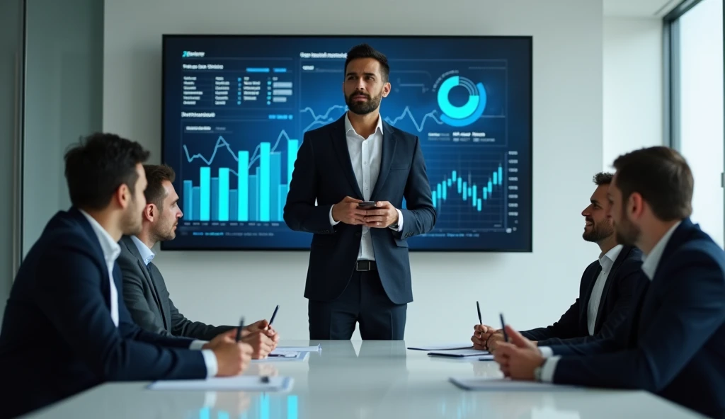 A high-resolution image capturing a startup founder presenting their business idea to a group of investors in a modern conference room. The presenter is standing confidently with a slideshow on a large screen behind them, showing financial projections and product features. The investors are engaged, with one of them taking notes
