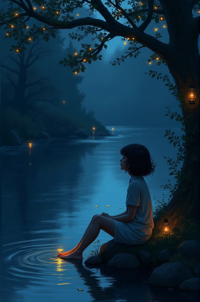 A person with short curly hair, sitting by a river at night in a dark, natural setting. Twinkling lights surround them, reflecting off the water, creating a serene and magical atmosphere.