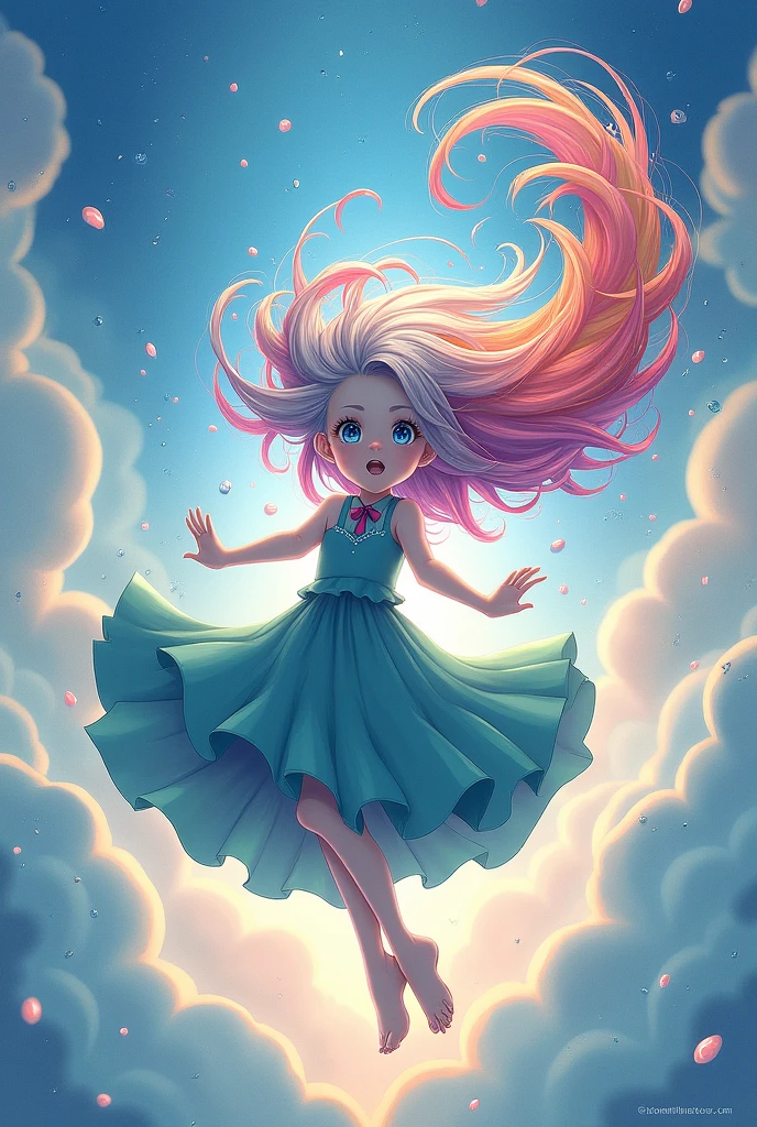 1.5),(1 girl),(dynamic pose),(multicolored hair+silver hair:1.3+red hair:1.2+purple hair+yellow hair:1.3+green hair:1.3),(blue eyes),(neck ribbon),(floating),(cloud),(too many drops of water),(twilight),(watercolor),(wide shot)