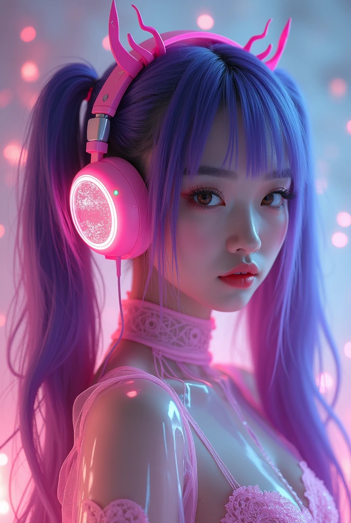 Korean purple haired butterfly woman with headphones and bright pink outfit bright pink and purple headphones and pigtails hair bright pink transparent outfit orchestra background with blood Korean purple haired butterfly woman with headphones and pigtails and transparent pink outfit with blood and demons behind her full body full body full body hellish orchestra background 