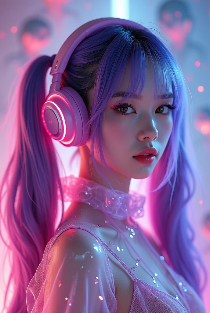 Korean purple haired butterfly woman with headphones and bright pink outfit bright pink and purple headphones and pigtails hair bright pink transparent outfit orchestra background with blood Korean purple haired butterfly woman with headphones and pigtails and transparent pink outfit with blood and demons behind her full body full body full body hellish orchestra background