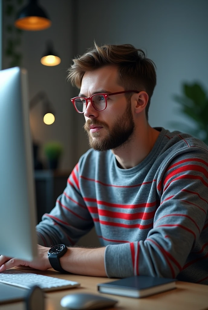 (Photorealism:1.2), Young man, shorth hair, barba, glasses with red frame, gray and red wide striped shirt, sitting in front of the computer.