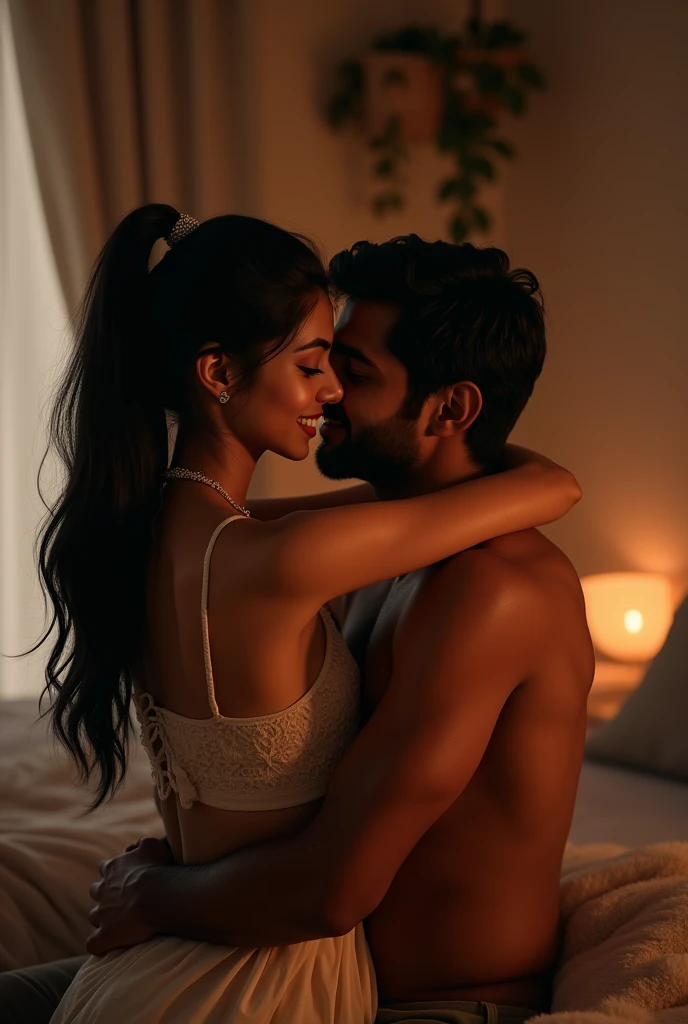 Create a image of a 2 indian couple in a room hugging each other girl have long black silky hair highpony .boy hugging from back