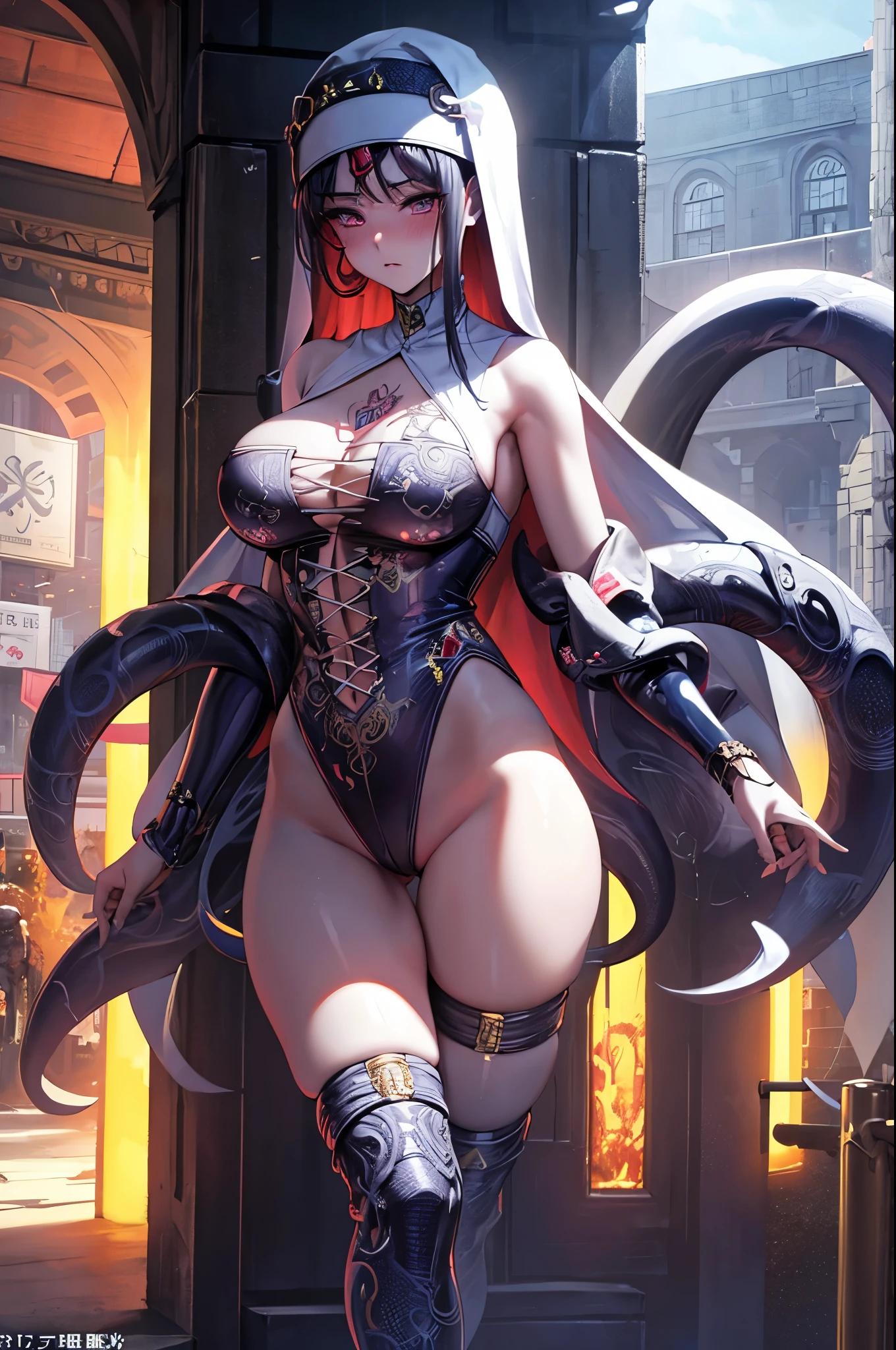tentacle suit, corruption, hentai, masterpieces, up scale, 16k, RPG game, nun, bitch tattoo, semen on body, blush, fuzzy face, perfect body shape, lewd, depression, open legs, showing off, fantasy world, monster, walking on street, Attract attention