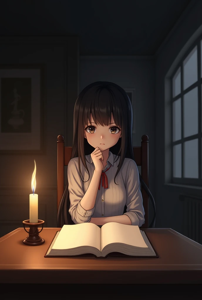 1 woman, brown hair, blue eyes, cute pajamas, holding candle, flower shaped pupils, scared expression, tears, dark, dark hall way, horror, scary, beutiful lighting, intricate detail, perfect anatomy, masterpiece, 8k