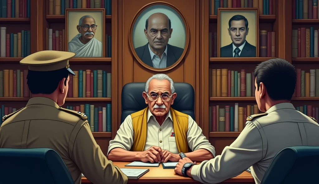 A politician his age 70years old sitting in given office with full of books and in background Gandhiji, Subash Chandra Bose , Netaji photos are there on the wall and that politician looks very serious in front of a police officer was sitting in front of him. Realistic, intricate details, vibrant colours.