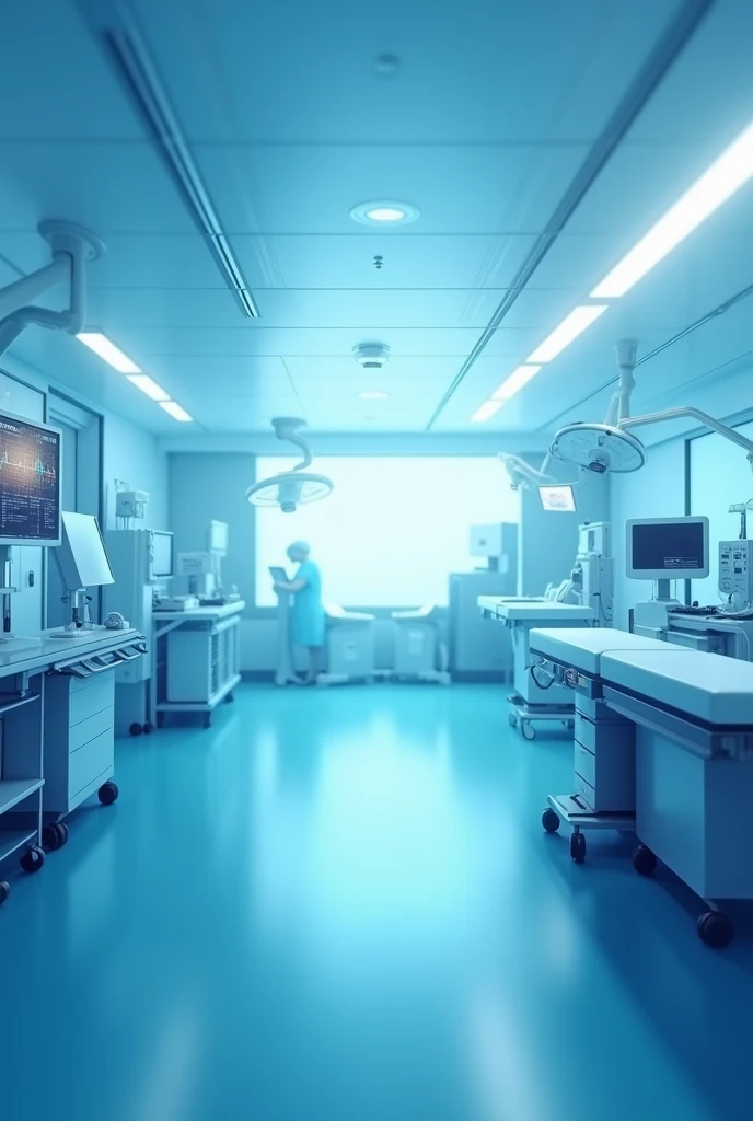 Here is a detailed description for the AI to generate the image:
"Create an image that shows a detailed operating room on the right, with modern surgical equipment, sterilized tables, surgical lights and medical monitors. As you move to the left, the image should gradually turn into a soft blue gradient, starting with light shades of blue at the transition of the room and becoming darker as it approaches the left edge. The transition must be fluid, as or deg