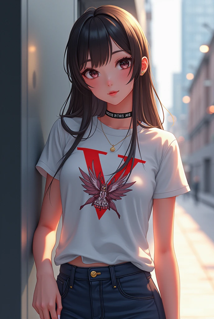 a waifu wearing a vivence brand t-shirt