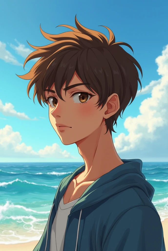 A young male who have brown hair and brown eyes with a background of ocean