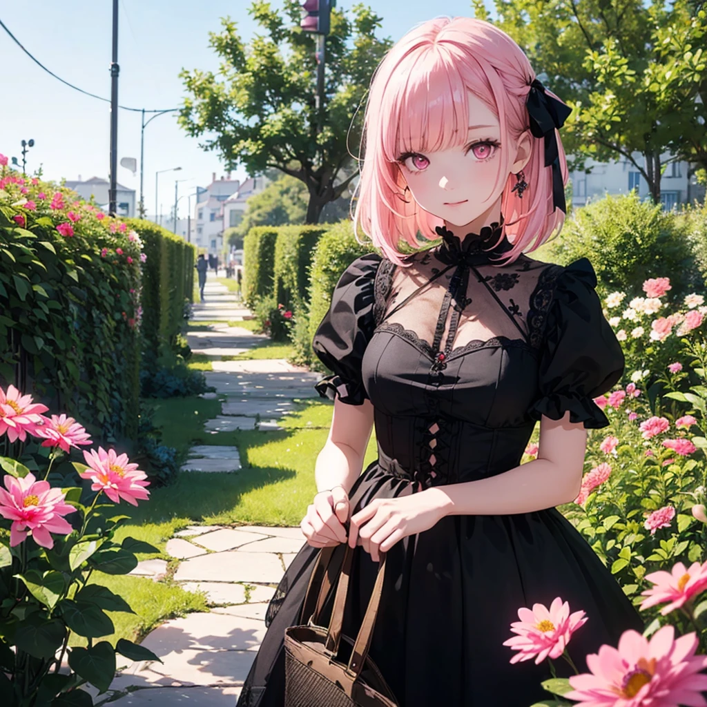 (((Stickers))), Exquisite detail, Highest quality 8K resolution, Very detailed, Realistic, Vibrant colors, Soft tones, Warm and gentle lighting, (Beautiful Gothic Black Dress, Cute pink ribbon, Beautiful frills:1.2),(Sleek and straight pink hair:1.2),(Hair parted in the middle:1.2),(Shiny Hair),(Pink Eyes:1.3),Garden Girl,With overflowing softness and kindness,Visible and tangible emotions,(The promenade is full of flowers:1.3), Create colorful reflections.The sun shines with joy and pure love, Casts a warm golden glow on the girl's face,Freed from the troubles of this world. The atmosphere is full of happiness and laughter, It's like heaven、As if celebrating love,Combining digital illustrations and photography, 超高精細な描写とVibrant colorsにこだわる. A style that combines romanticism and realism、You can feel the depth of love. The color palette consists of soft pastel tones., Creates a dreamy and fantastical atmosphere. The lighting is soft and diffuse, Put a gentle light on your face,This work is a masterpiece,