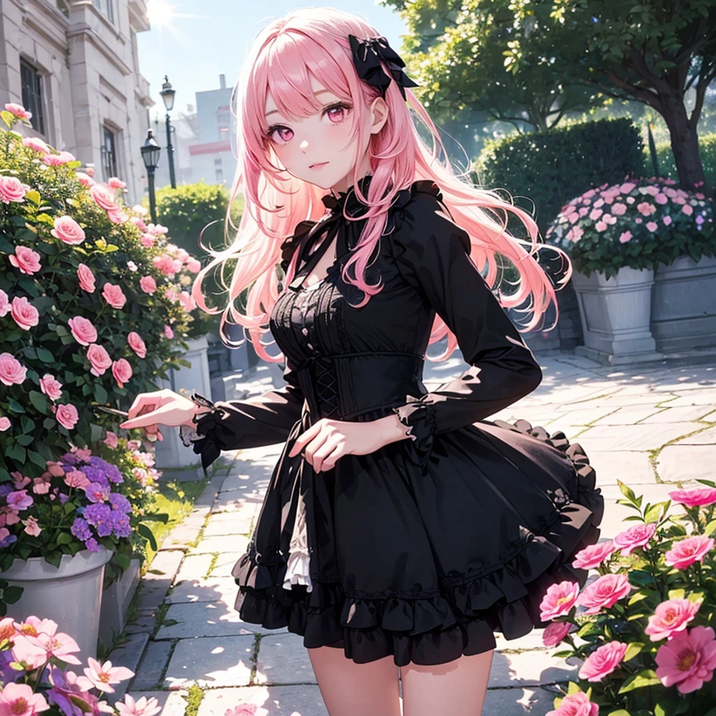 (((Stickers))), Exquisite detail, Highest quality 8K resolution, Very detailed, Realistic, Vibrant colors, Soft tones, Warm and gentle lighting, (Beautiful Gothic Black Dress, Cute pink ribbon, Beautiful frills:1.2),(Sleek and straight pink hair:1.2),(Hair parted in the middle:1.2),(Shiny Hair),(Pink Eyes:1.3),Garden Girl,With overflowing softness and kindness,Visible and tangible emotions,(The promenade is full of flowers:1.3), Create colorful reflections.The sun shines with joy and pure love, Casts a warm golden glow on the girl&#39;s face,Freed from the troubles of this world. The atmosphere is full of happiness and laughter, It&#39;s like heaven、As if celebrating love,Combining digital illustrations and photography, 超高精細な描写とVibrant colorsにこだわる. A style that combines romanticism and realism、You can feel the depth of love. The color palette consists of soft pastel tones., Creates a dreamy and fantastical atmosphere. The lighting is soft and diffuse, Put a gentle light on your face,This work is a masterpiece,