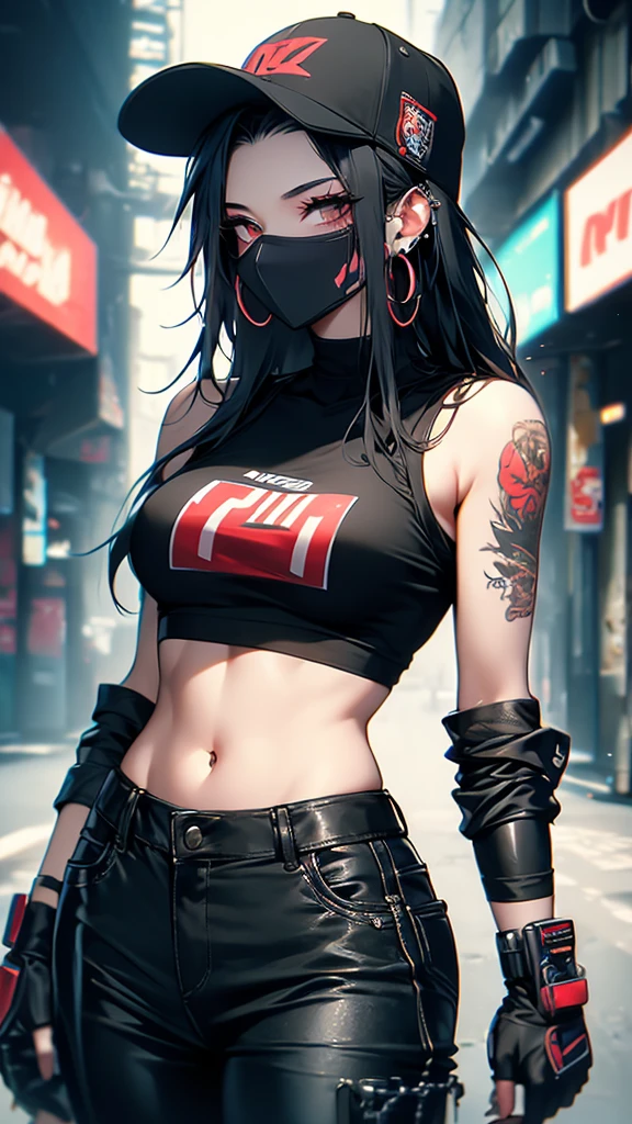 A glitchy, cyberpunk girl with a blurry background, wearing a mask over her mouth, a baseball cap, and multiple tattoos on her shoulder, arm, neck, and stomach. She has long black hair, piercings in her ears and navel, and is wearing a tank top, pants, and black gloves. There is depth of field, with a blurred foreground, and she is looking directly at the viewer, chewing gum. Her clothes have writing on them, and she is wearing a red headpiece and jewelry such as hoop earrings and a cross earring. The image has an overall blurry, glitchy, and cyberpunk aesthetic.