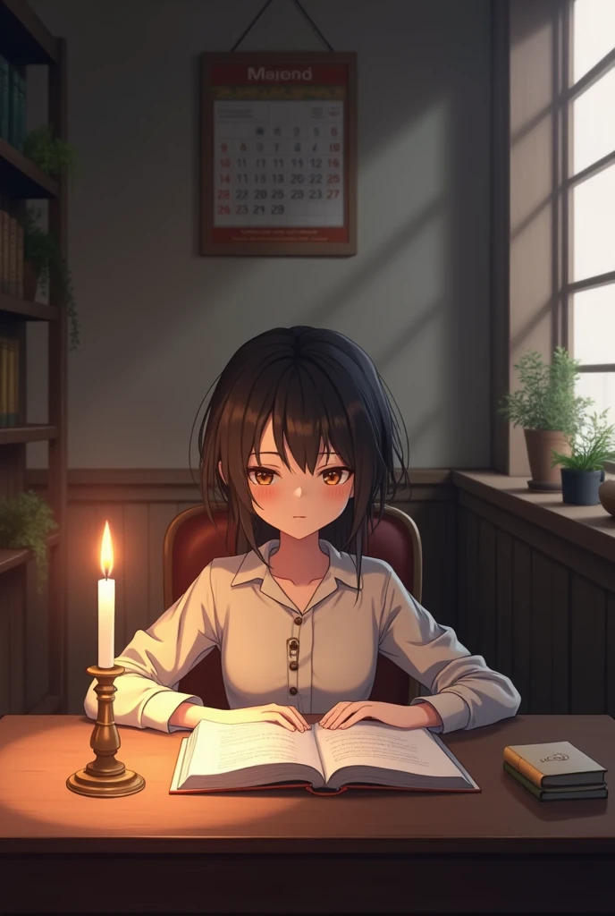 A book open on the table, candle and the a anime character girl sitting on a chair for studying, vintage fearness , calendar on the wall , shadow