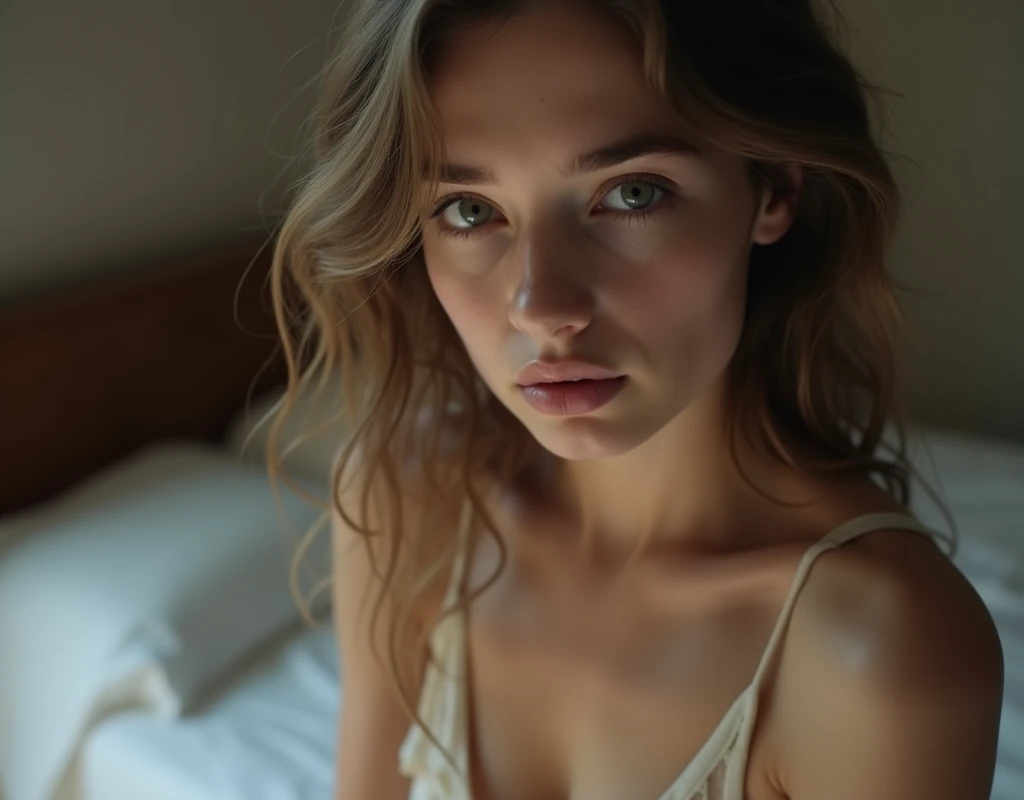 a beautiful of very thin very young totally nude teenager hermione who looks anorexic gazing sadly into the camera lens and masturbates. completely nude breasts. .strong makeup. very excited. the girl's body is similar to that of a pubescent. lacy socks. In a bed room. 