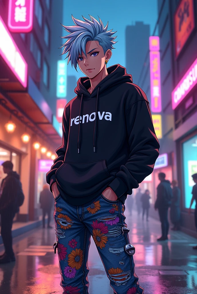 Stylish anime character, cool male persona with sharp features, confidently posed, wearing a sleek black hoodie emblazoned with the bold word 'Renova' across the , vibrant designer jeans with intricate patterns that catch the eye, spiky hair styled in dynamic shades of blue and silver, set against an electrifying urban backdrop with neon elements, graffiti art adorning alley walls that amplify the character's edgy persona, bustling city streets with hints of bustling life framed behind, glowing billboard advertisements casting colorful reflections on the surface of rain-slicked pavements, the warm glow of sunset merging with the cool tones of evening sky, creating a striking contrast, emphasizing the microcosm of modern fashion and lifestyle, anime-style embellishments including expressive features conveying determination and charisma, whimsical background adding a surreal touch with stylized clouds and energetic motion lines accentuating movement, the overall mood capturing a sense of aspiration and adventure, executed in vivid anime aesthetic with rich details and dynamic shading, creating a captivating visual narrative that resonates with contemporary youth culture