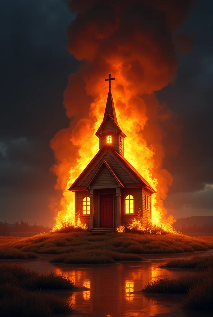 Create a art PNG of a small church engulfed in flames seated on a little patch of grass like an island, viewed from a slightly elevated angle, as if looking down at it from a 30-degree angle. The church has a traditional architectural style with a pointed steeple topped with a cross. The flames are intense and rising from the roof, especially around the steeple. The church's windows and doors are glowing with an orange light, reflecting the fire inside. The scene should be dramatic, with the flames contrasting against a dark background. The art should be modern, blending slight realism with more cartoonish elements to keep the imagery striking but not overly realistic.
