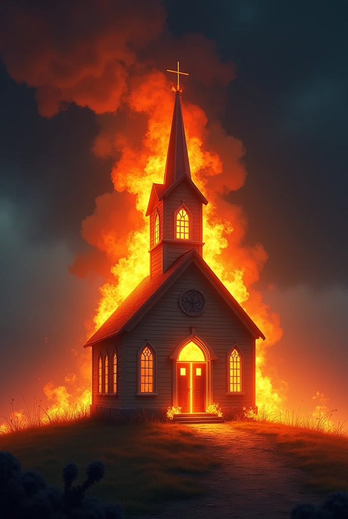 Create a art PNG of a small church engulfed in flames seated on a little patch of grass like an island, viewed from a slightly elevated angle, as if looking down at it from a 30-degree angle. The church has a traditional architectural style with a pointed steeple topped with a cross. The flames are intense and rising from the roof, especially around the steeple. The church's windows and doors are glowing with an orange light, reflecting the fire inside. The scene should be dramatic, with the flames contrasting against a dark background. The art should be modern, blending slight realism with more cartoonish elements to keep the imagery striking but not overly realistic.