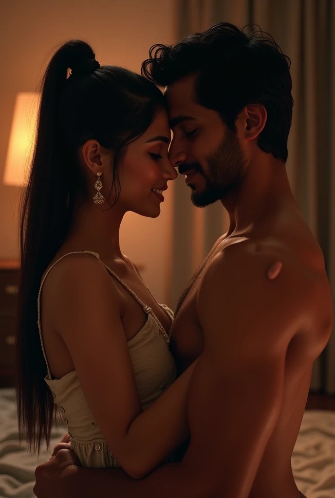 Create a image of a 2 indian couple in a room hugging each other girl have long black silky hair highpony .boy hugging from back
