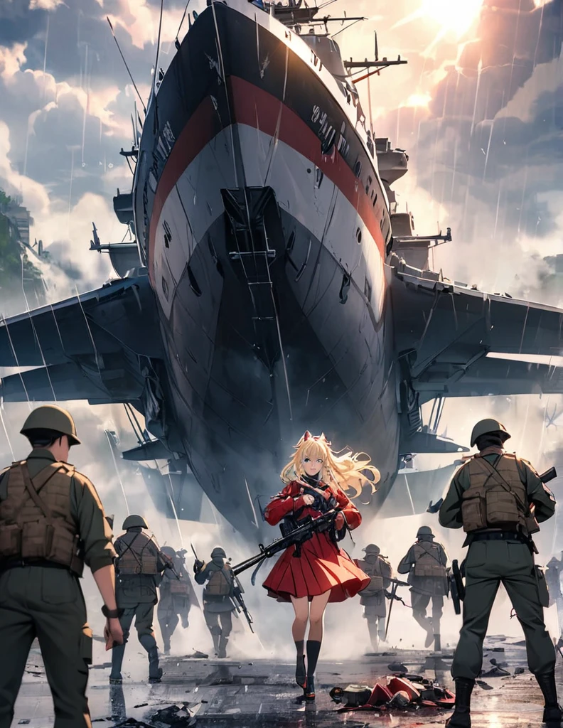 (anime)、(masterpiece:1.2),Atmospheric perspective,Lens flare、Fog of Battlefield、Crash, Makes the world look grey、When it rains, The female soldier is crouching.。With an irritated look on his face, he vows revenge..。Rain-soaked hair、blonde、blue eyes、Space Battleship Yamato、Traces of fierce fighting are everywhere、Smoke rising from everywhere、A work of blurry color M4 Carbine，Possession of a gun