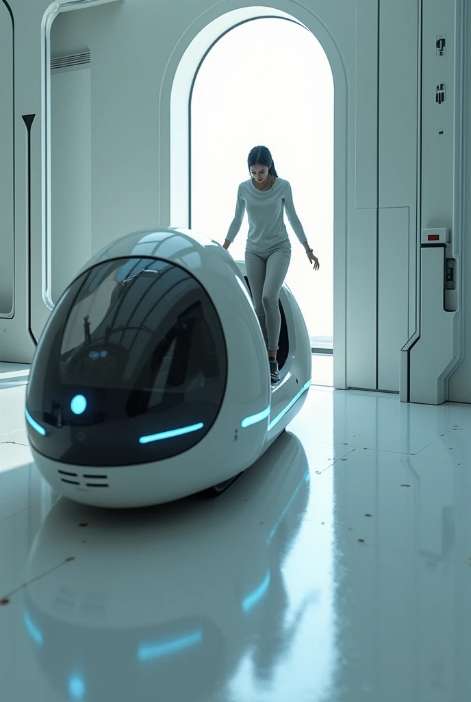 He gets in a light pod Number five
