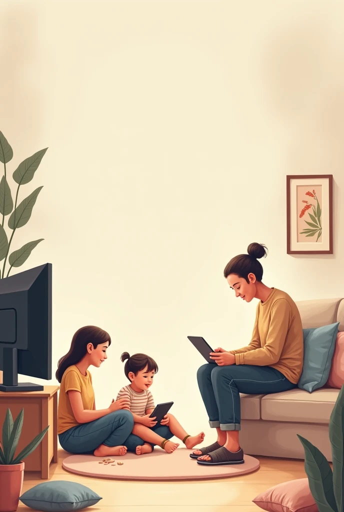 Image with a baby watching TV while a child is using an Ipad. In the same image an adult is using a laptop and an older person is using a smarphone. Please, make the image with drawings. In the center let a space to write something. Image is for a post on instagram.