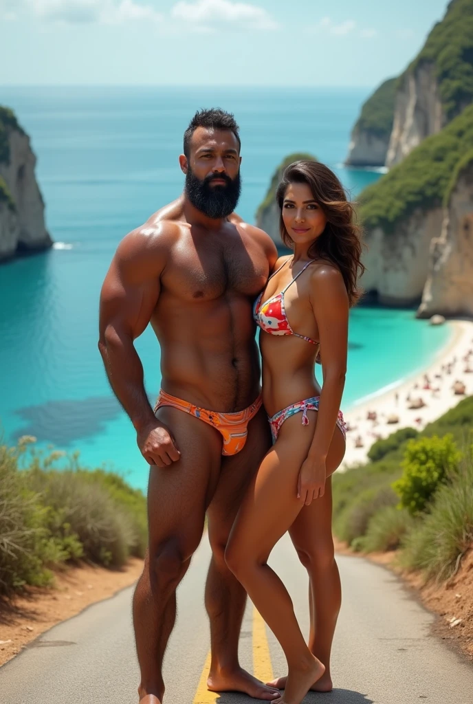 There is a strong, hairy, bearded, very hairy mixed-race man in a thong posing for a photo standing next to his beautiful girlfriend in a bikini on a rock at a viewpoint at the end of a paved road with a privileged view just below a large lagoon with brown waters and a white sand beach with many people..