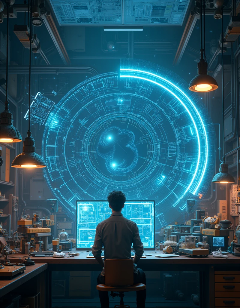 Kael, the brilliant inventor, in his ultra-modern workshop filled with holographic blueprints, advanced gadgets, and mysterious artifacts from across Nova Aeterna. The workspace is bathed in a soft blue glow, with detailed reflections and textures on every surface. Rendered in 8k resolution with high dynamic range (HDR) lighting, ray tracing, and complex materials for a lifelike, immersive environment
